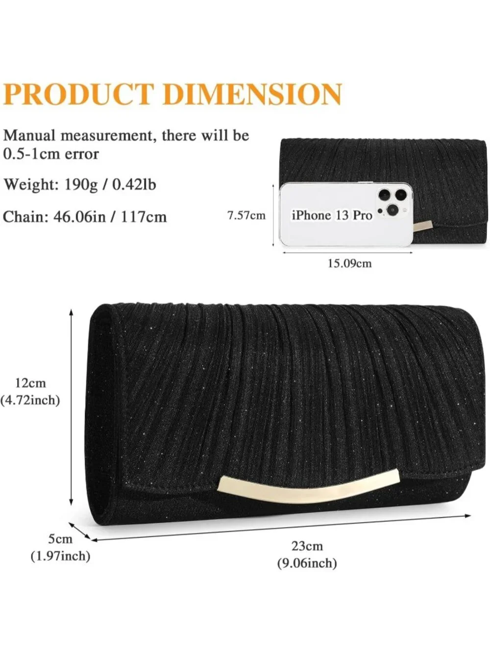 Women's Black B Glitter Clutch Purse Formal Evening Bag Wedding Party Handbag